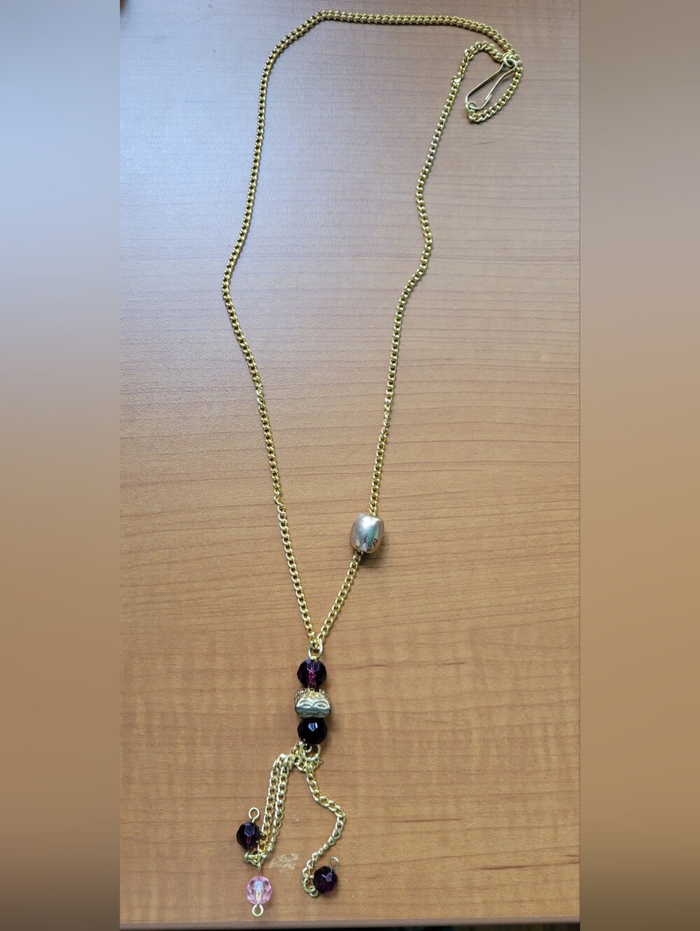 Gold Chain Pendant Necklace with Purple & Black Beads